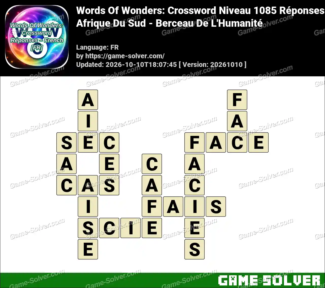 Words Of Wonders: Crossword Niveau 1085 Réponses – Afrique Du Sud – Berceau De L’Humanité